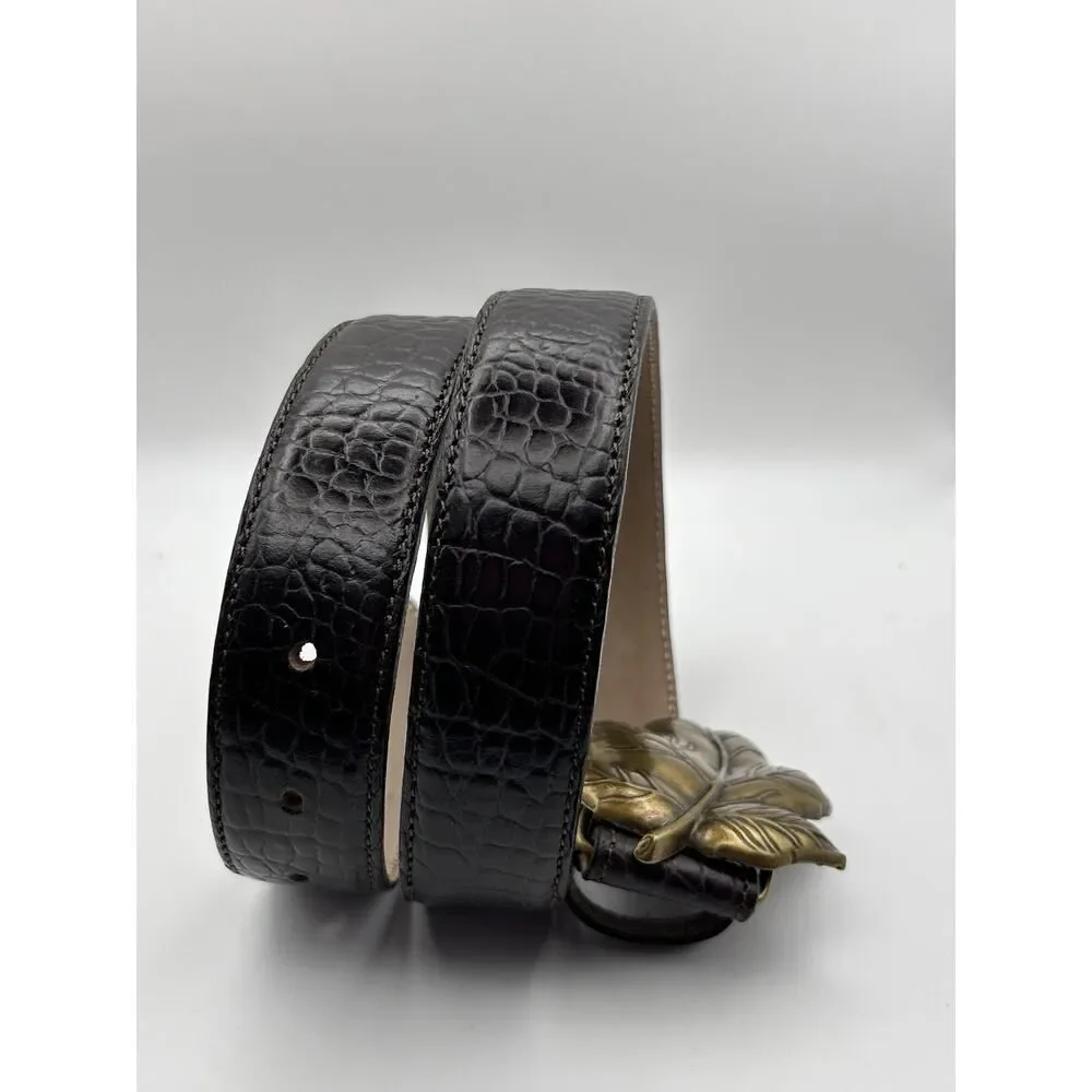 Talbots Brown Croc Embossed Leather Belt Brass Leaf Buckle ITALY Size M 6021